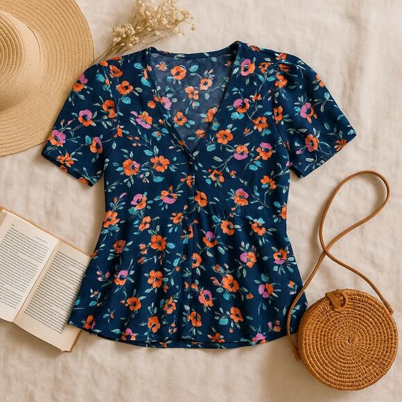 ZARA TRAFALUC Floral Peplum Crepe Top Blue Womens XS - Picture 1 of 5